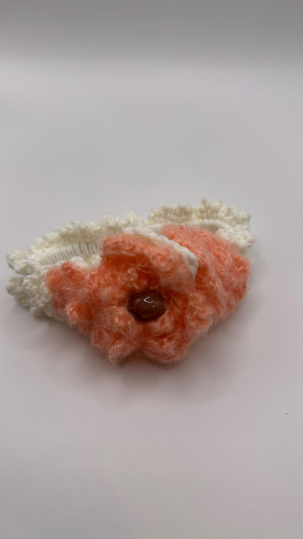 Apricot White Crocheted Flower Hair Scrunchie, Handmade Unique Gift