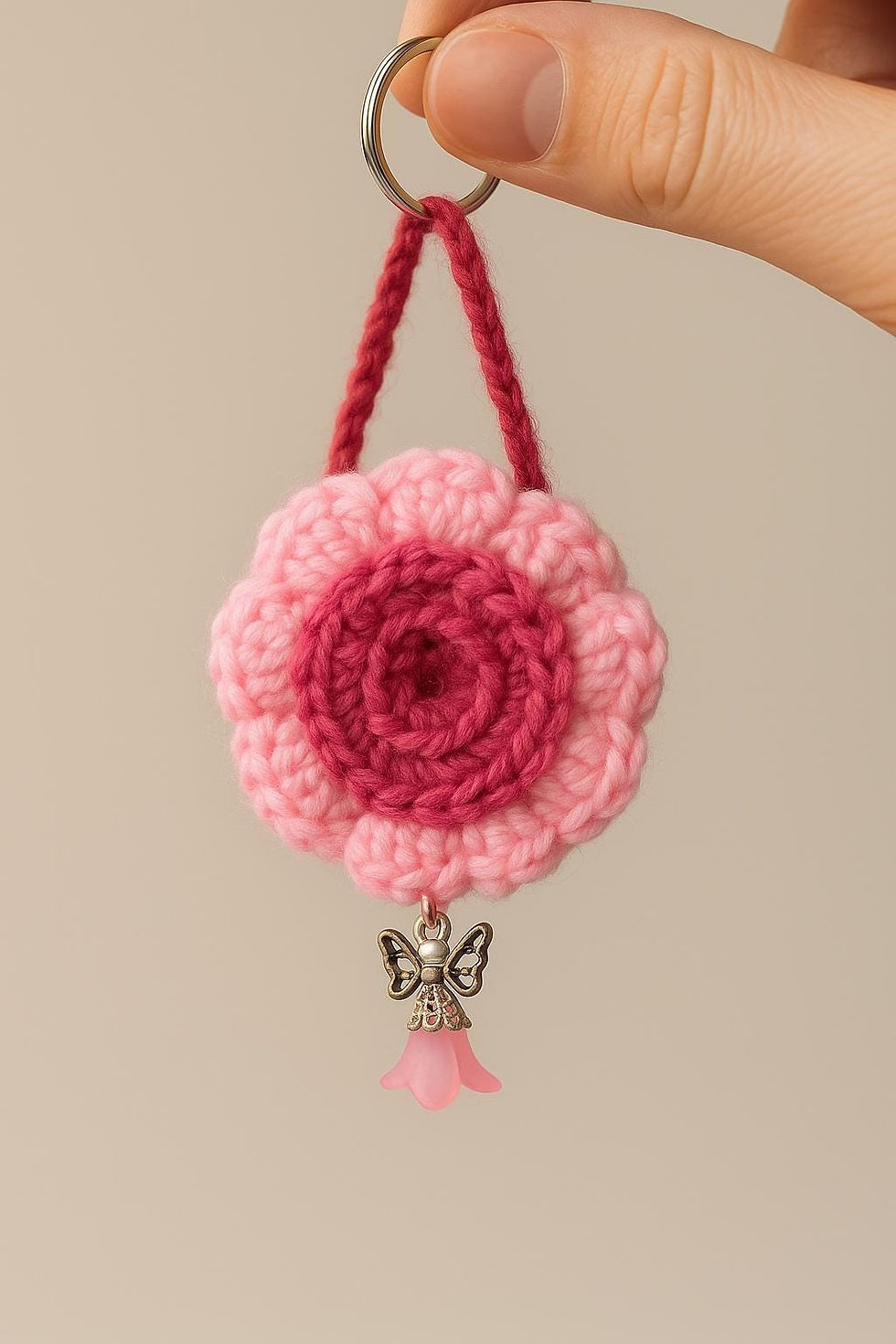 Miniaturbild: Pink Flower Keychain with Angel Bead Charm - Gift for Women Teenager - Handmade
