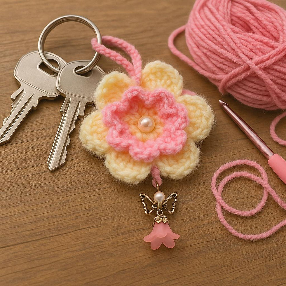 Gehäkelter Schlüsselanhänger Blume Rosa, Gelb mit EngelAnhänger und Perle ,Ha...