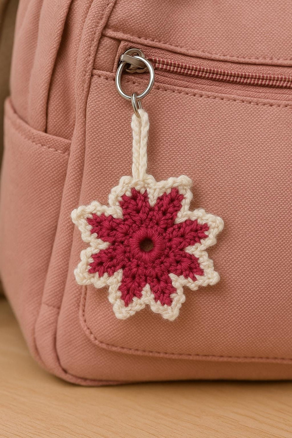 Schlüsselanhänger Schneeflocke gehäkelt , handgemacht in Rosa und Weiß ,Gesch...