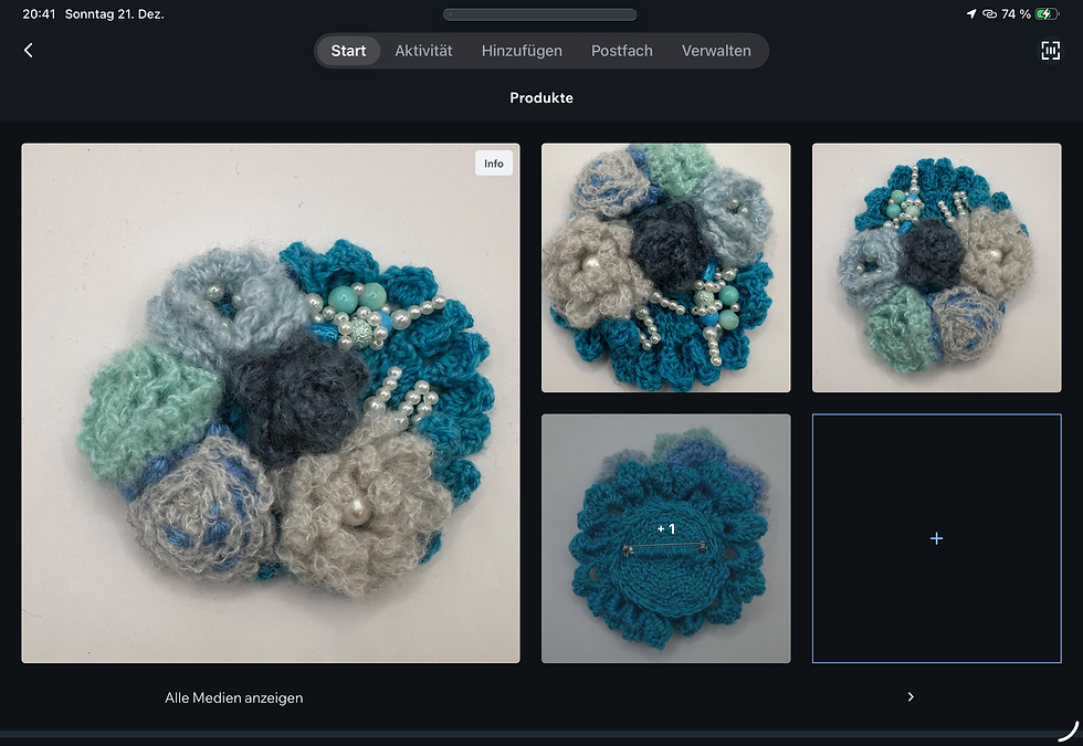 Miniaturbild: Unikat Häkelbrosche Blumenmix Blau Türkis mit Perlen, Boho,edel, Geschenkidee XL