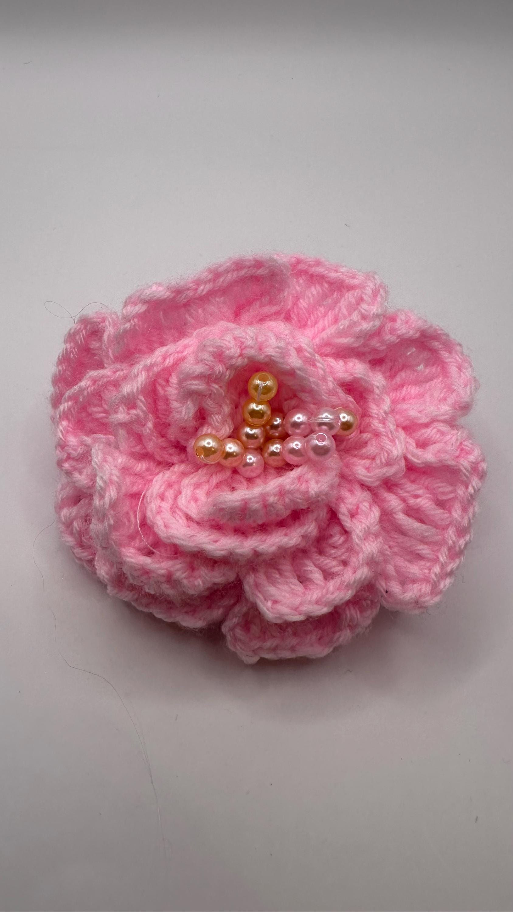 Crocheted Pink Flower Hair Elastic with Beads, Braided Hair Tie
