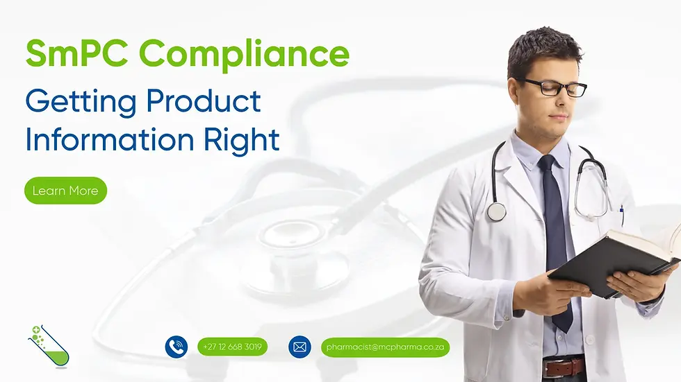 Male doctor wearing glasses and a stethoscope reading a handbook, next to the headline ‘SmPC Compliance – Getting Product Information Right’ with a green ‘Learn More’ button on a subtle stethoscope background.
