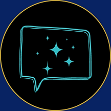 Black circle, outlined in gold, with aqua vector art of a dialogue bubble filled with sparkle.