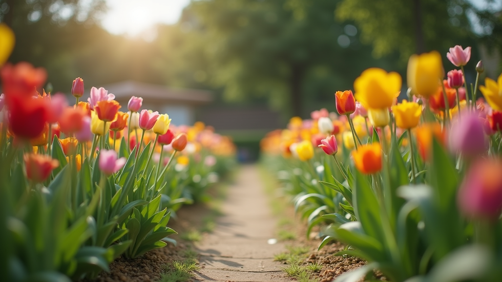 Eye-level view of a well-maintained community garden with colorful flowers