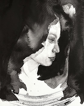 Black-and-white portrait by Andrea Emde, capturing emotion and mystery through expressive facial features.