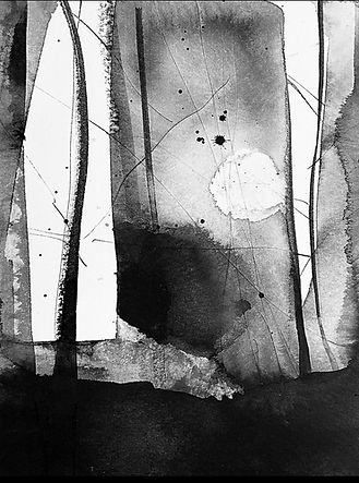 Contemporary abstract landscape in black and white. Strong vertical textures and fine layered lines suggest trees or a forest path, juxtaposed with fluid washes of grey and a prominent dark base that evokes depth and atmospheric silence.