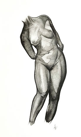 Monochrome watercolor artwork showing a seated full-body human form capturing posture and presence."