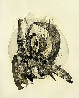 Form in Transition (Encapsulated) No. 01 by Andrea Emde: An abstract organic structure with spiral, shell-like ink forms, salt textures, and dark pigment layers held inside a soft translucent circular shape on fine paper