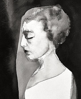 Black-and-white portrait by Andrea Emde, capturing emotion and mystery through expressive facial features.