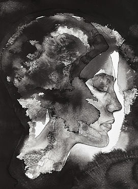 Black-and-white portrait by Andrea Emde, capturing emotion and mystery through expressive facial features.