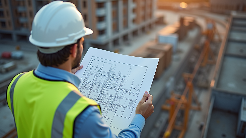 High angle view of a construction manager reviewing blueprints on site