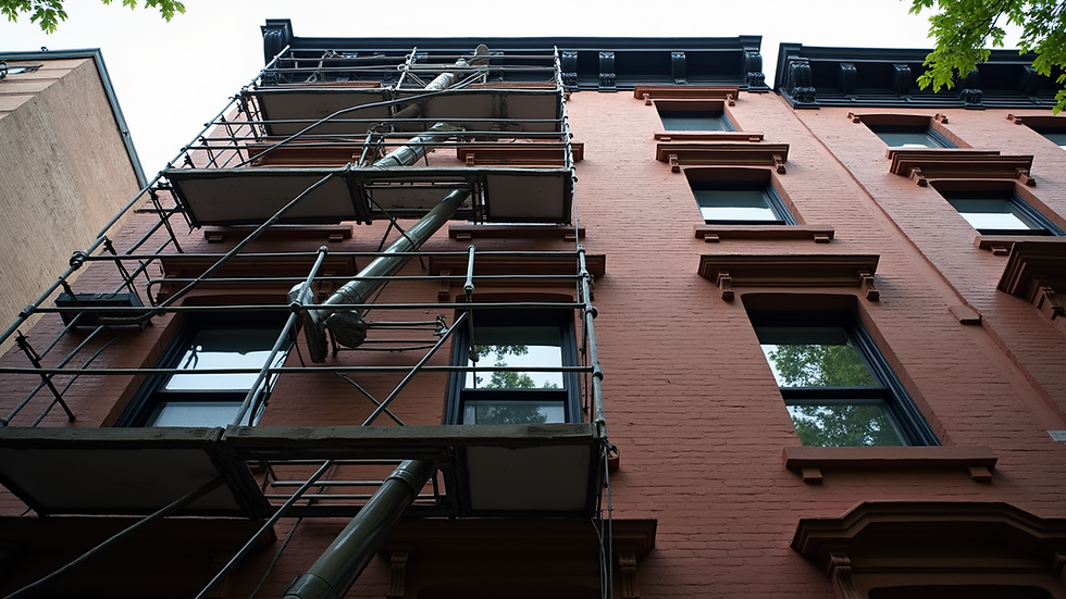Eye-level view of a Brooklyn brownstone exterior with scaffolding for renovation