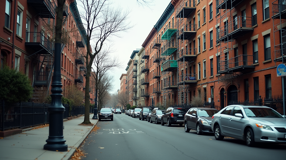 Eye-level view of a Brooklyn street with construction scaffolding on a residential building