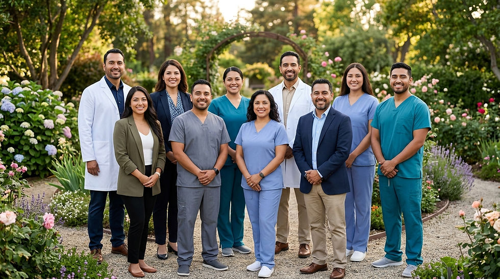 Equipo de nuestra clínica de salud mental posando en un jardín.