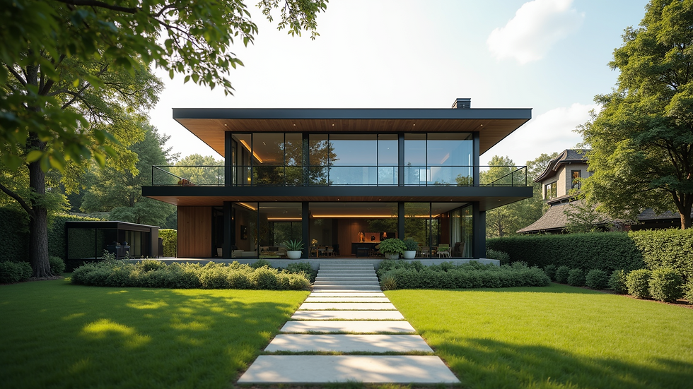 Eye-level view of a modern house exterior with large windows
