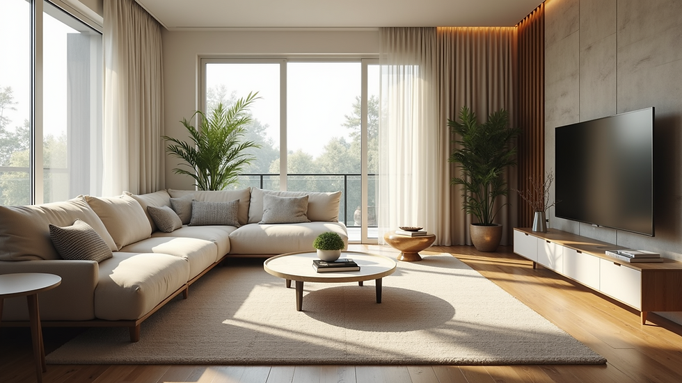 Eye-level view of a modern living room with natural light and open space