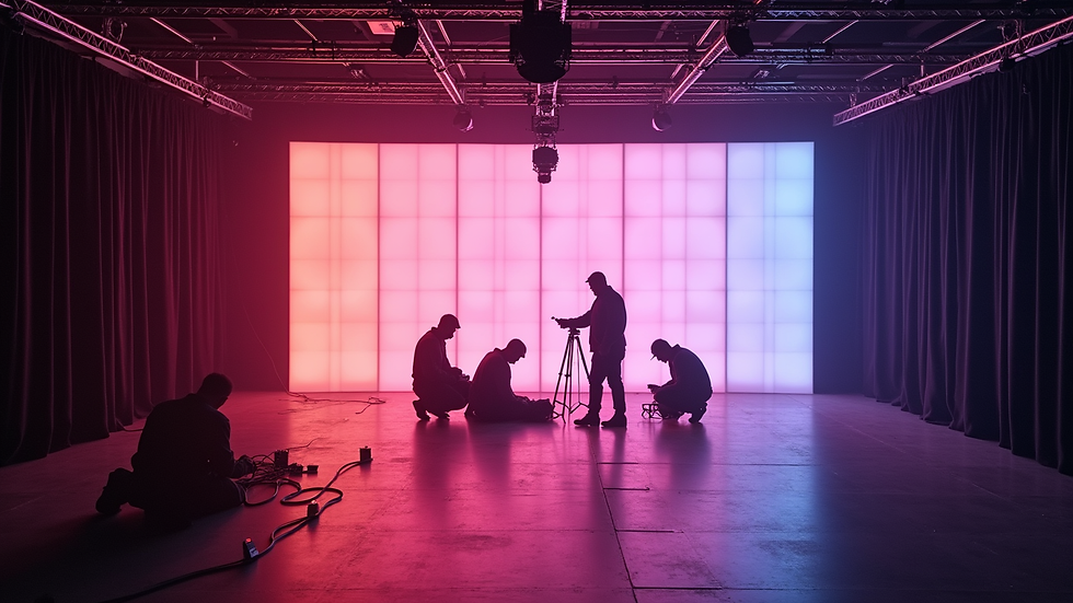 High angle view of a modular LED wall being assembled in an event space