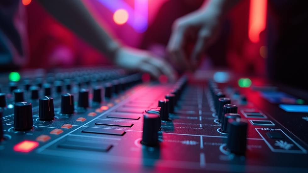 Close-up of a mixing console with audio levels being adjusted during a live event