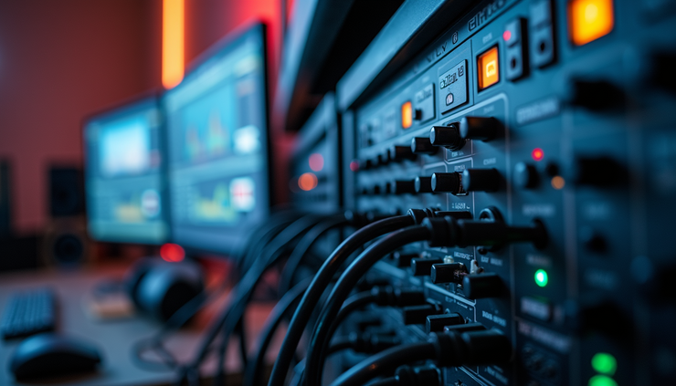Close-up view of IP broadcast equipment with cables and monitors