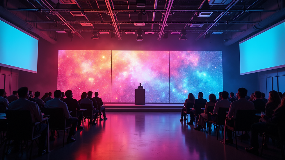 Eye-level view of a large LED wall setup at a conference hall