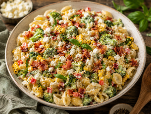 Creamy Basil, Corn & Bacon Pasta Salad