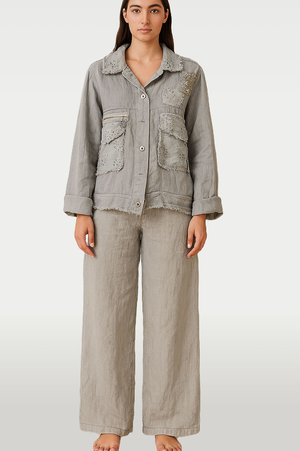 Thumbnail: CODE TRE3-Grey Italian Linen Emballished Jacket