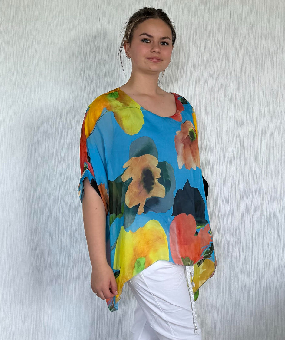 CODE SKTU1 Italian Multi Floral Silk Flowing Top RETAIL $179.95