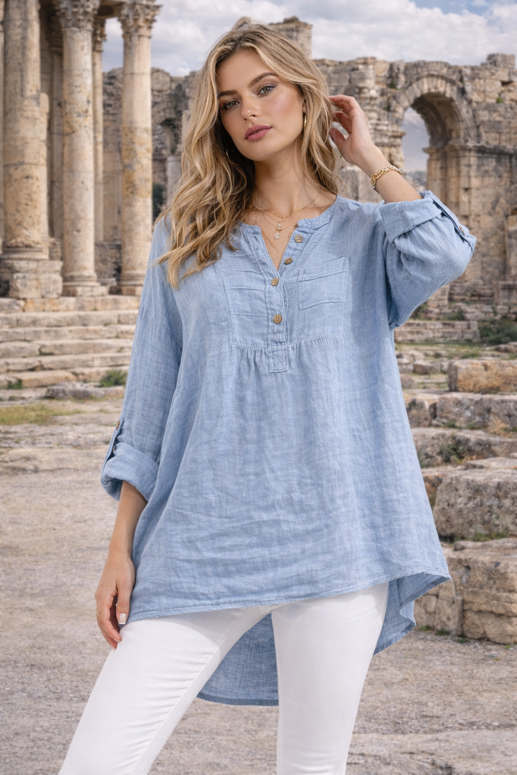 CODE STPL1 Made In Italy Plain Pleated Front Dip Hem Linen Tunic Top