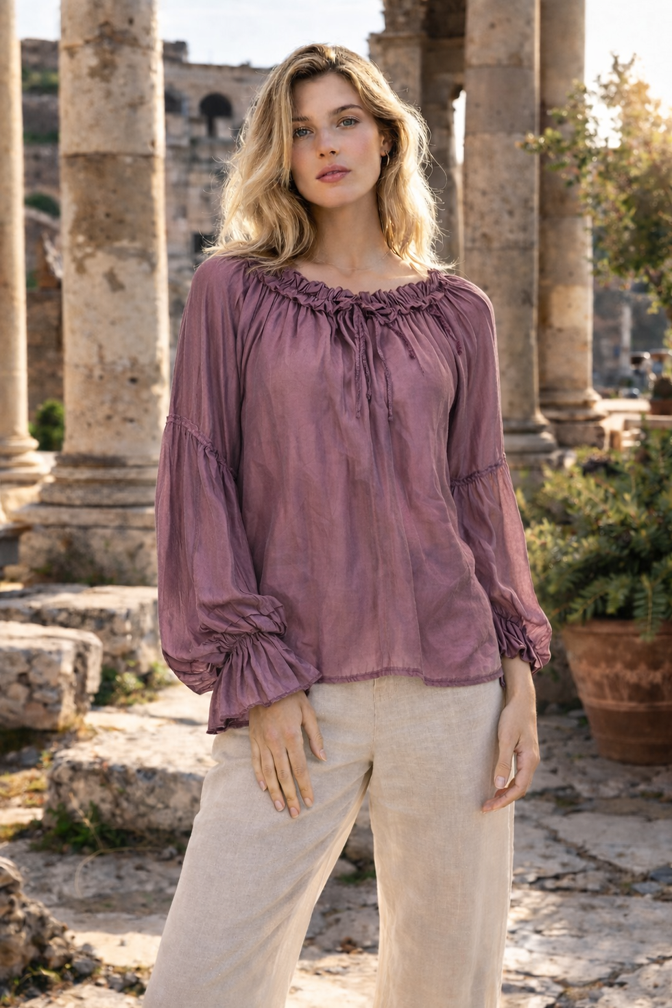 Thumbnail: CODE LEV46 Italian Silk/Viscose Pleat Sleeve Top