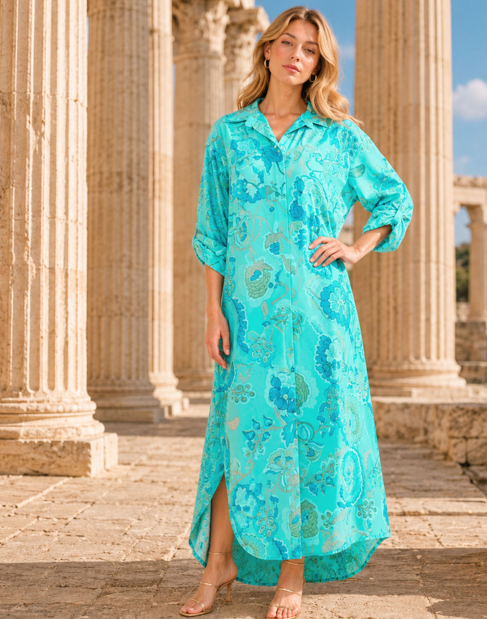 CODE LEVPAIS1-Turq Italian Cotton Paisley Button Jacket Dress