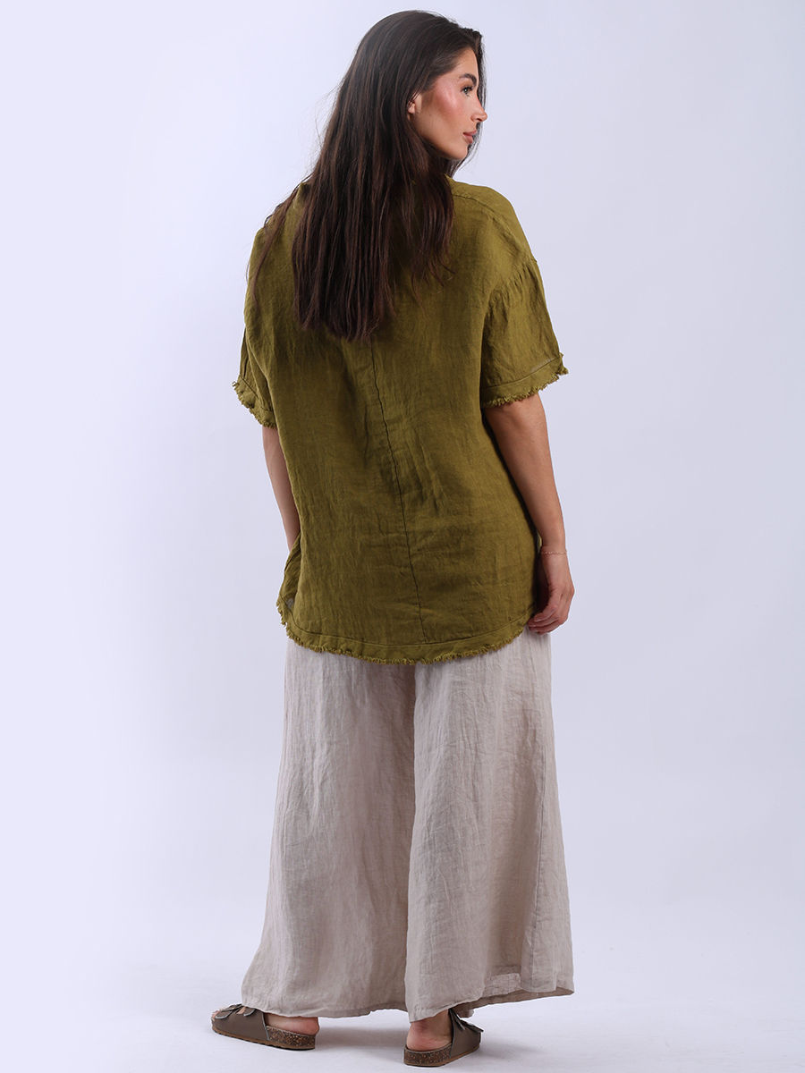 Thumbnail: CODE 883-OLI Italian  Raw Edges Solid Linen Baggy Top
