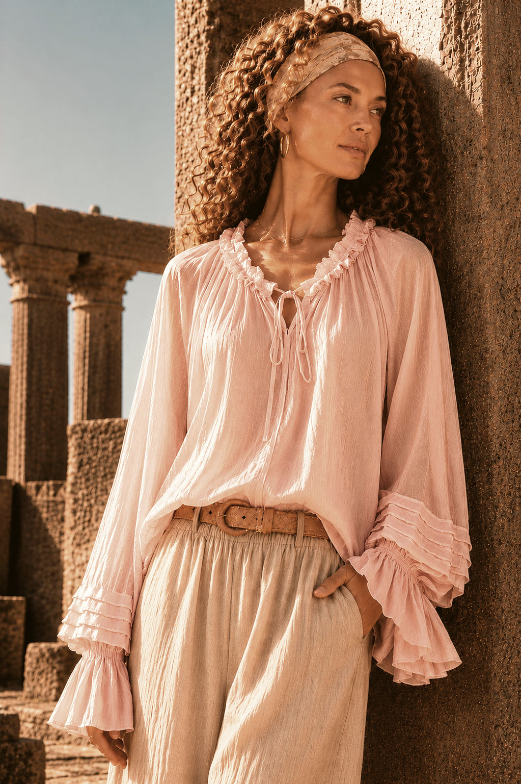 CODE LEV46 Italian Silk/Viscose Pleat Sleeve Top