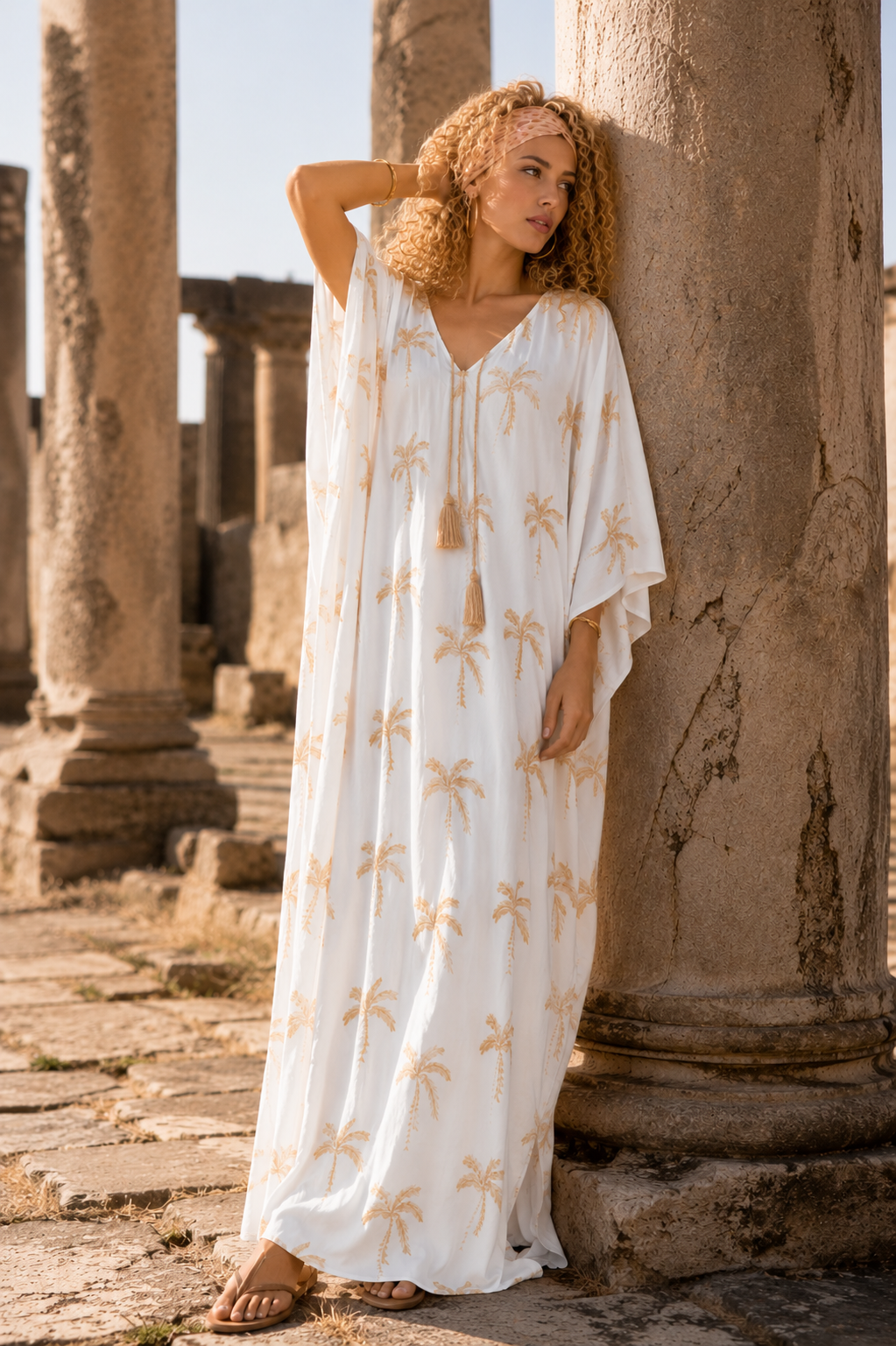 CODE PALM1 Italian Tropical Palm Tree Embroided Kaftan dress