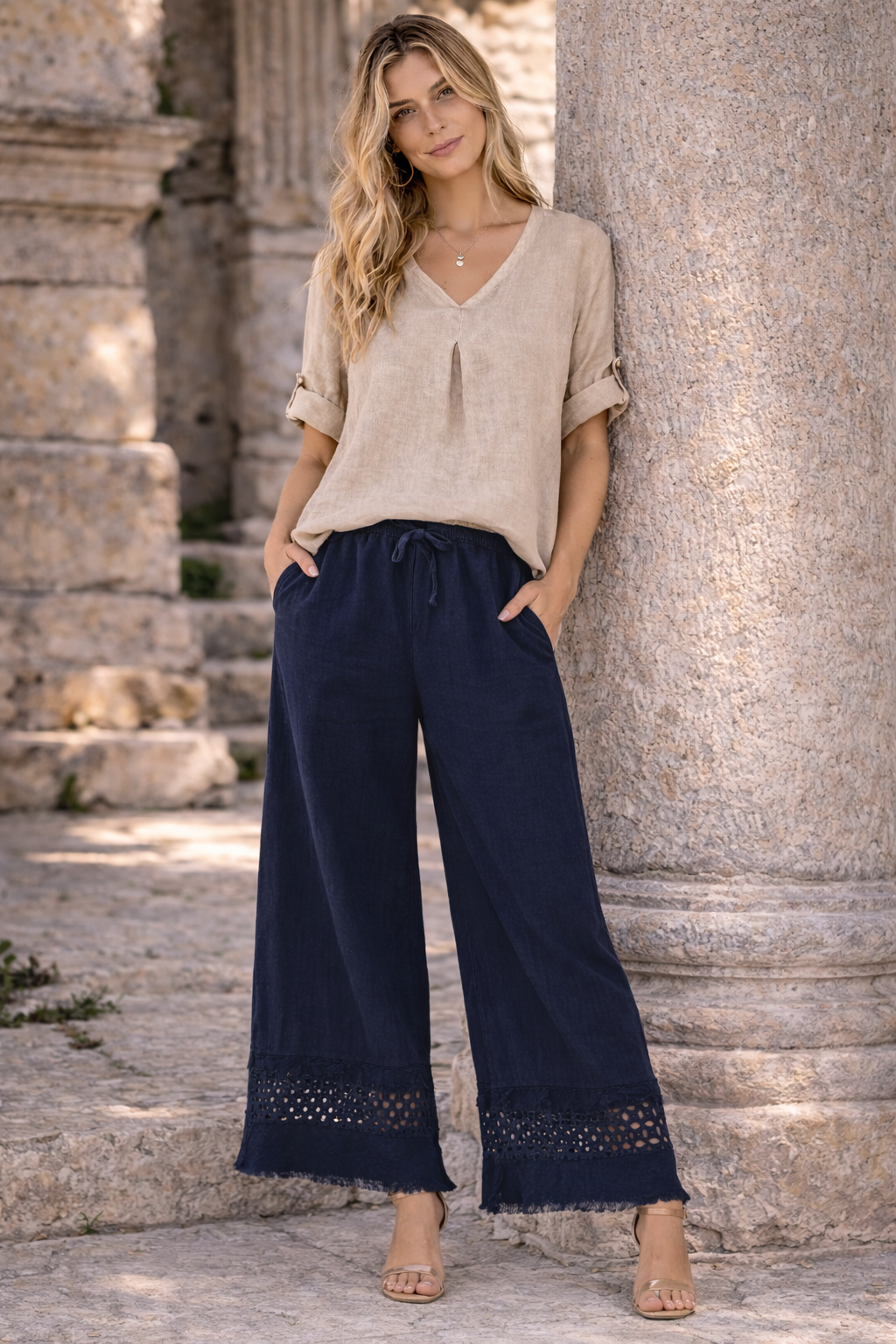 CODE 90040 Italian Cotton/Linen Lace Detail Pants
