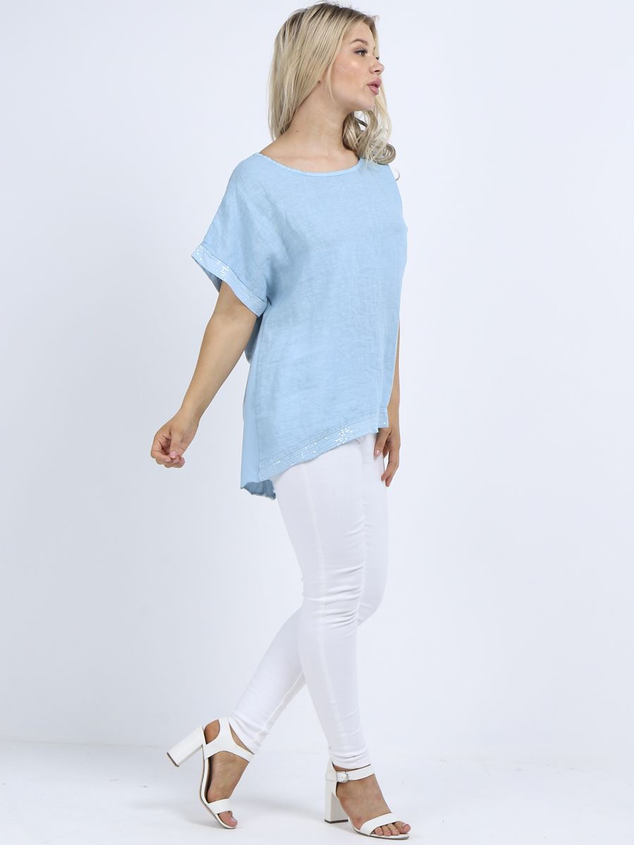Thumbnail: CODE DEC022 Italian Sequin Hem High Low Lagenlook Linen Top