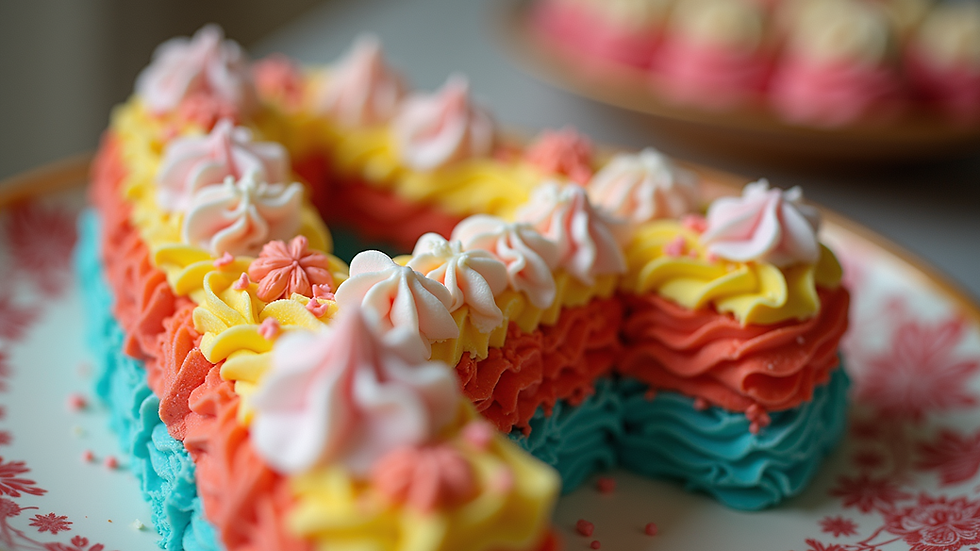 Close-up view of a vibrant letter-shaped cake decorated with colorful frosting