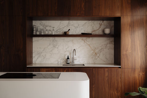 Handmade fitted kitchen in dark Walnut wood Calacatta marble - Justustjebbo