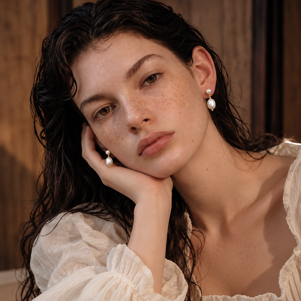 Model wearing elegant handmade pearl drop earrings with a cream blouse, styled for a romantic occasion.