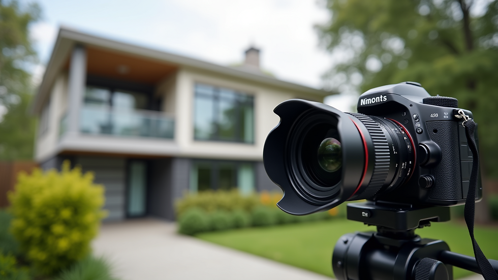 Close-up view of a professional camera capturing a modern home exterior