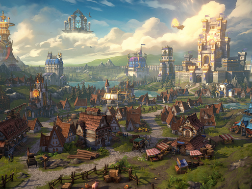 Heroes of Might and Magic: Olden Era Mittelalterliche Stadt bei Tag. Bunte Häuser, imposante Burg im Hintergrund. Lebendige Marktstände, friedliche Stimmung, grünes Umland.