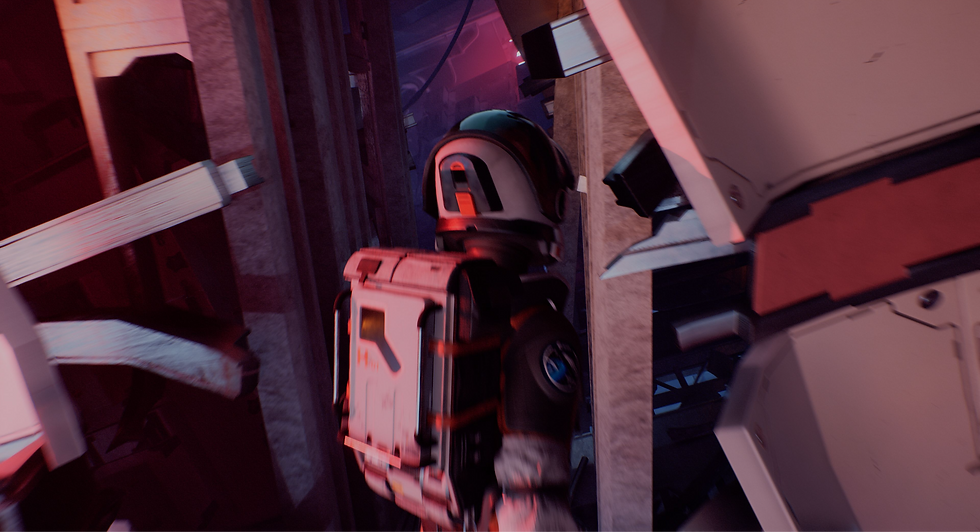 Astronaut in Raumanzug und Helm geht durch enge, futuristische Umgebung mit rot-blauem Licht, Rucksack auf dem Rücken, konzentriert.