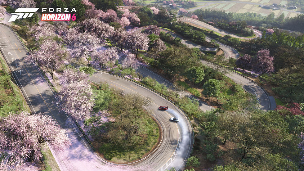 Zwei Autos driften auf einer kurvigen Straße durch blühende Kirschbäume. "Forza Horizon 6"-Logo oben links. Frühlingshafte Szene.