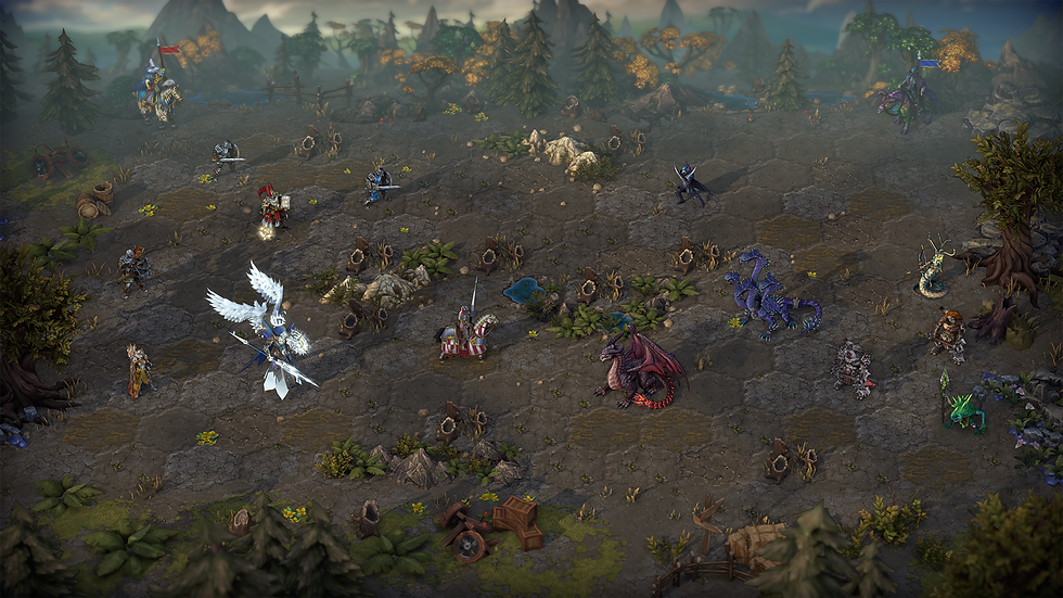 Heroes of Might and Magic: Olden Era Fantasy-Schlachtfeld mit Rittern, Drachen und Kreaturen auf hexagonalen Feldern. Waldhintergrund, dramatische Stimmung. Keine sichtbare Schrift.