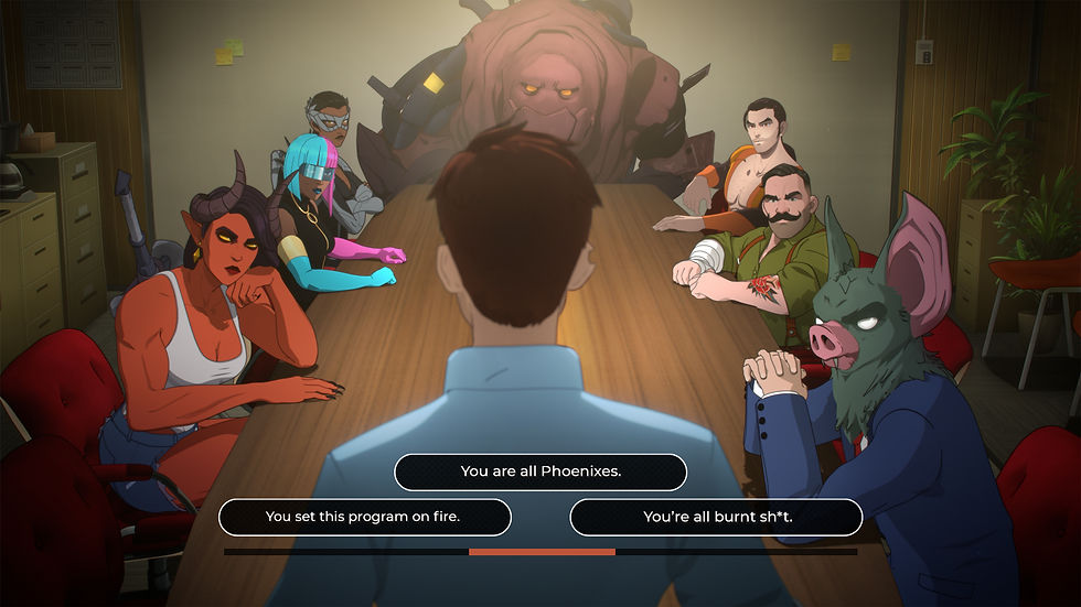 Comic-Konferenz mit Superhelden und Schweinekopf um Tisch in Büro; unten Wahltexte: You are all Phoenixes, You set this program on fire.