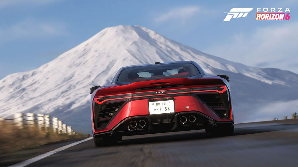 Roter Sportwagen auf Straße, Hintergrund schneebedeckter Berg. Himmel blau, ruhige Stimmung. Text: Forza Horizon 6.