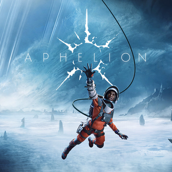 Ein Astronaut in orangefarbenem Anzug schwebt über einer gefrorenen Landschaft. Hintergrund: stürmische, bewölkte blaue Himmel. Text: Aphelion.