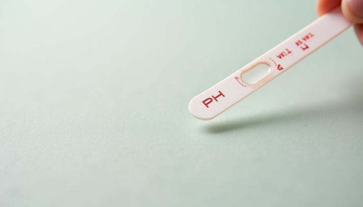 Close-up view of a pH test strip showing a balanced pH level