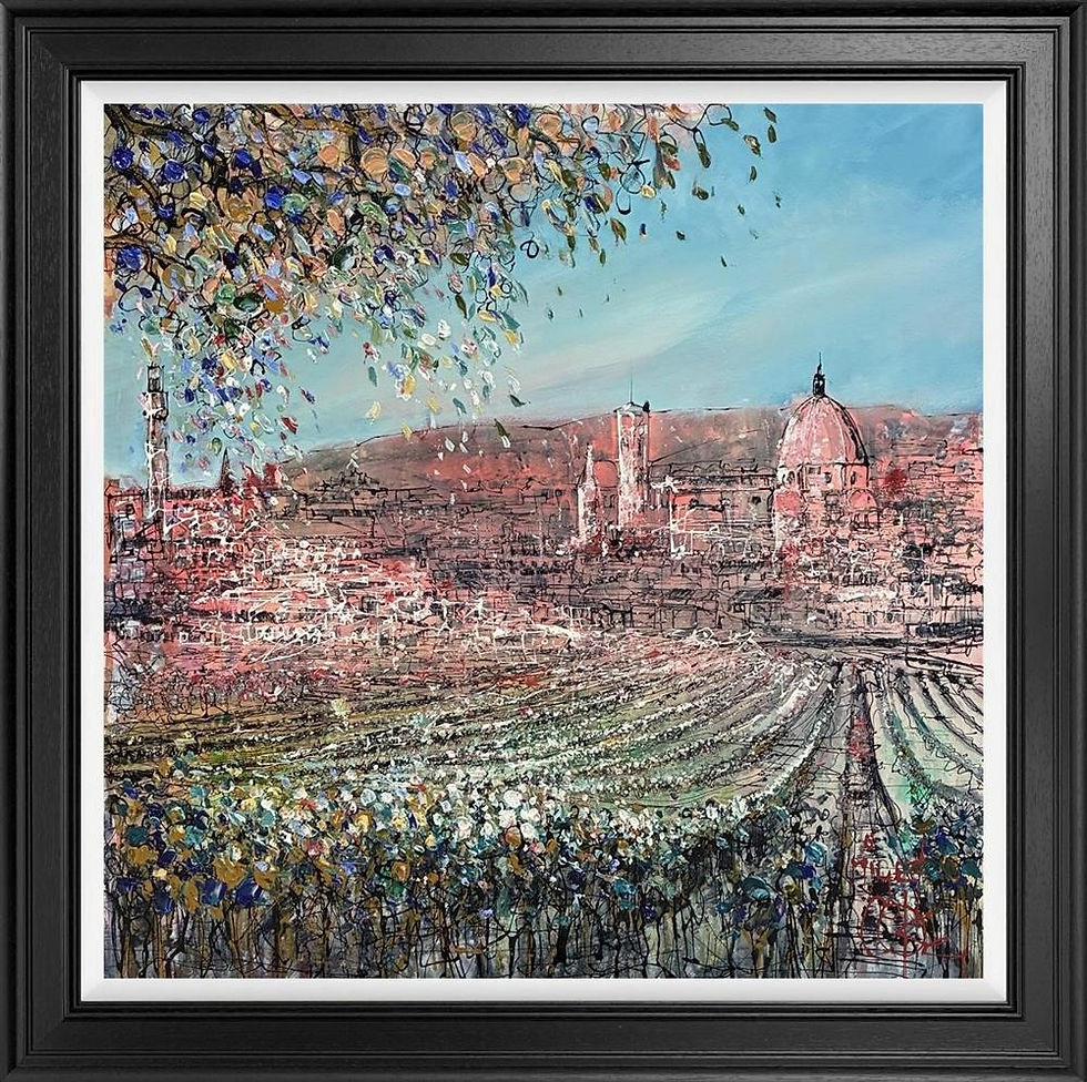 Framed impressionist cityscape with Florence’s domed cathedral, hills, and colorful foliage under a blue sky.
