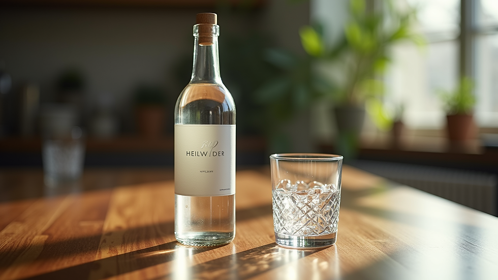 Eye level view of a bottle of healing water next to a glass on a table